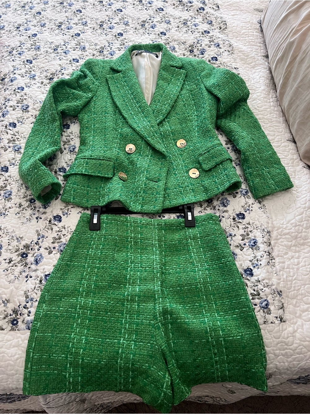 Zara Green Tweed Blazer & Shorts Set – Double-Breasted with Gold Buttons
